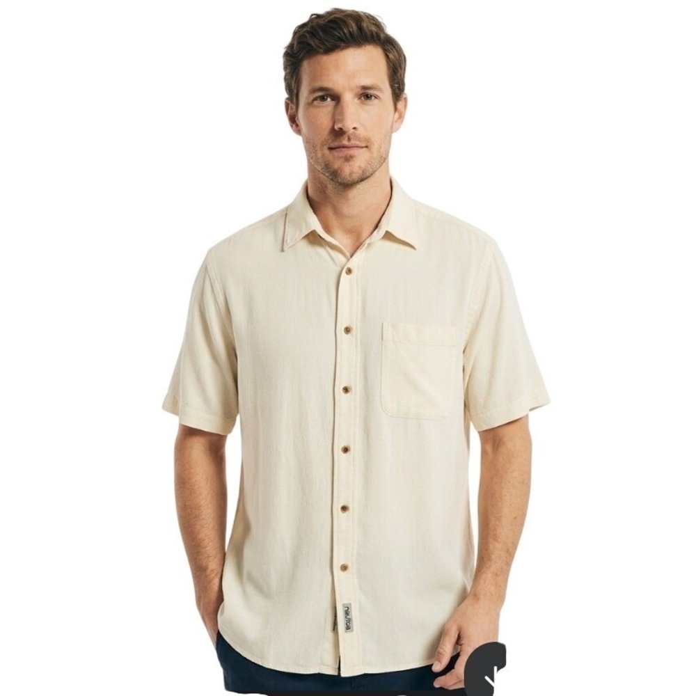 Nautica Shirt Mens Medium White Silk Cotton Short Sleeve‎ Button Up Casual Style